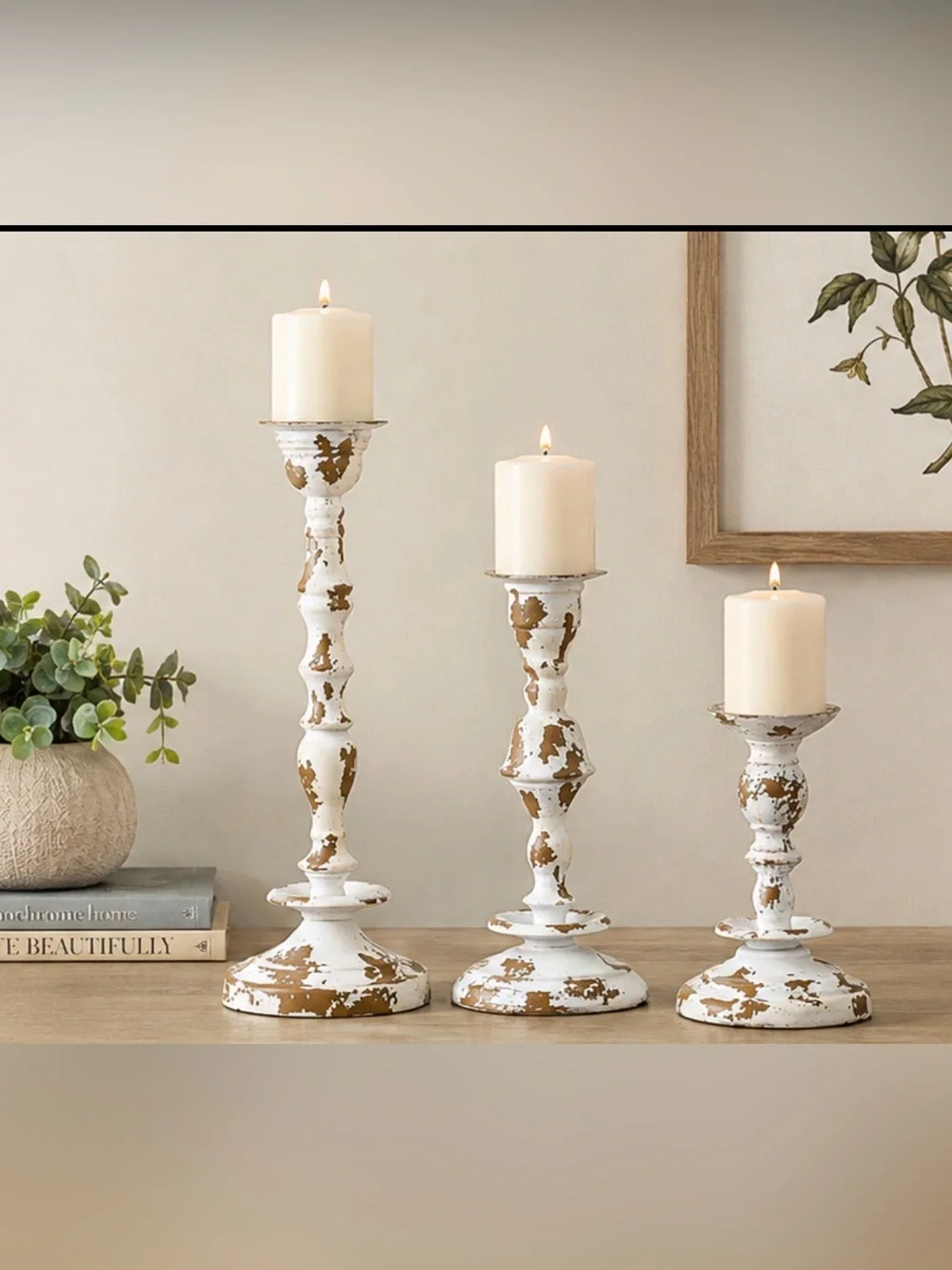✨ Deco 79 Set of 3 Distressed White & Gold Candle Holders